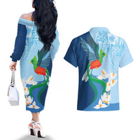 Guatemala Quetzal Bird Couples Matching Off The Shoulder Long Sleeve Dress and Hawaiian Shirt Monja Blanca Flowers