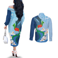 Guatemala Quetzal Bird Couples Matching Off The Shoulder Long Sleeve Dress and Long Sleeve Button Shirt Monja Blanca Flowers