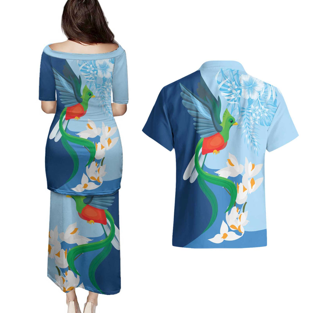 Guatemala Quetzal Bird Couples Matching Puletasi and Hawaiian Shirt Monja Blanca Flowers