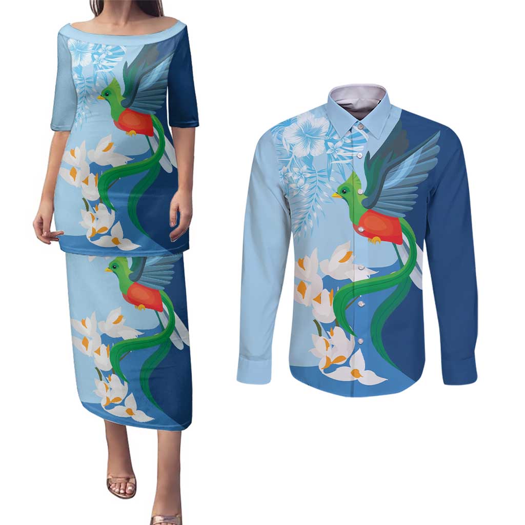 Guatemala Quetzal Bird Couples Matching Puletasi and Long Sleeve Button Shirt Monja Blanca Flowers
