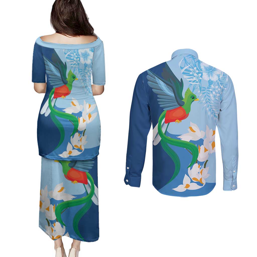 Guatemala Quetzal Bird Couples Matching Puletasi and Long Sleeve Button Shirt Monja Blanca Flowers