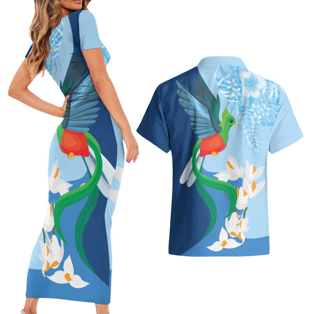 Guatemala Quetzal Bird Couples Matching Short Sleeve Bodycon Dress and Hawaiian Shirt Monja Blanca Flowers