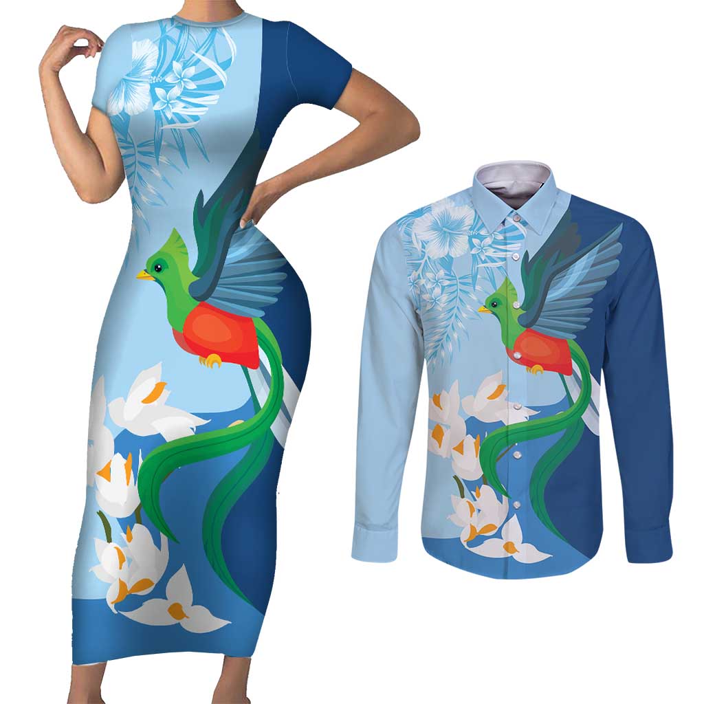 Guatemala Quetzal Bird Couples Matching Short Sleeve Bodycon Dress and Long Sleeve Button Shirt Monja Blanca Flowers