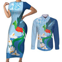 Guatemala Quetzal Bird Couples Matching Short Sleeve Bodycon Dress and Long Sleeve Button Shirt Monja Blanca Flowers