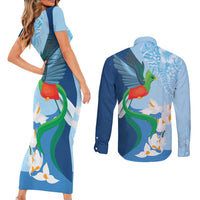 Guatemala Quetzal Bird Couples Matching Short Sleeve Bodycon Dress and Long Sleeve Button Shirt Monja Blanca Flowers