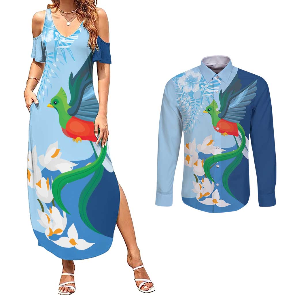 Guatemala Quetzal Bird Couples Matching Summer Maxi Dress and Long Sleeve Button Shirt Monja Blanca Flowers