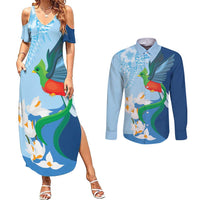 Guatemala Quetzal Bird Couples Matching Summer Maxi Dress and Long Sleeve Button Shirt Monja Blanca Flowers