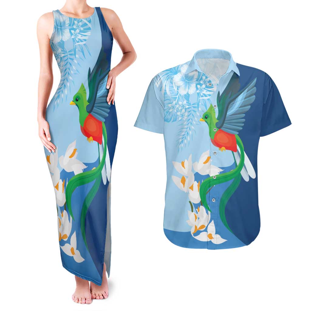 Guatemala Quetzal Bird Couples Matching Tank Maxi Dress and Hawaiian Shirt Monja Blanca Flowers