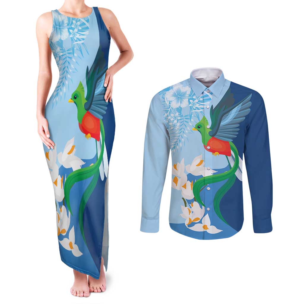 Guatemala Quetzal Bird Couples Matching Tank Maxi Dress and Long Sleeve Button Shirt Monja Blanca Flowers