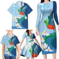 Guatemala Quetzal Bird Family Matching Long Sleeve Bodycon Dress and Hawaiian Shirt Monja Blanca Flowers