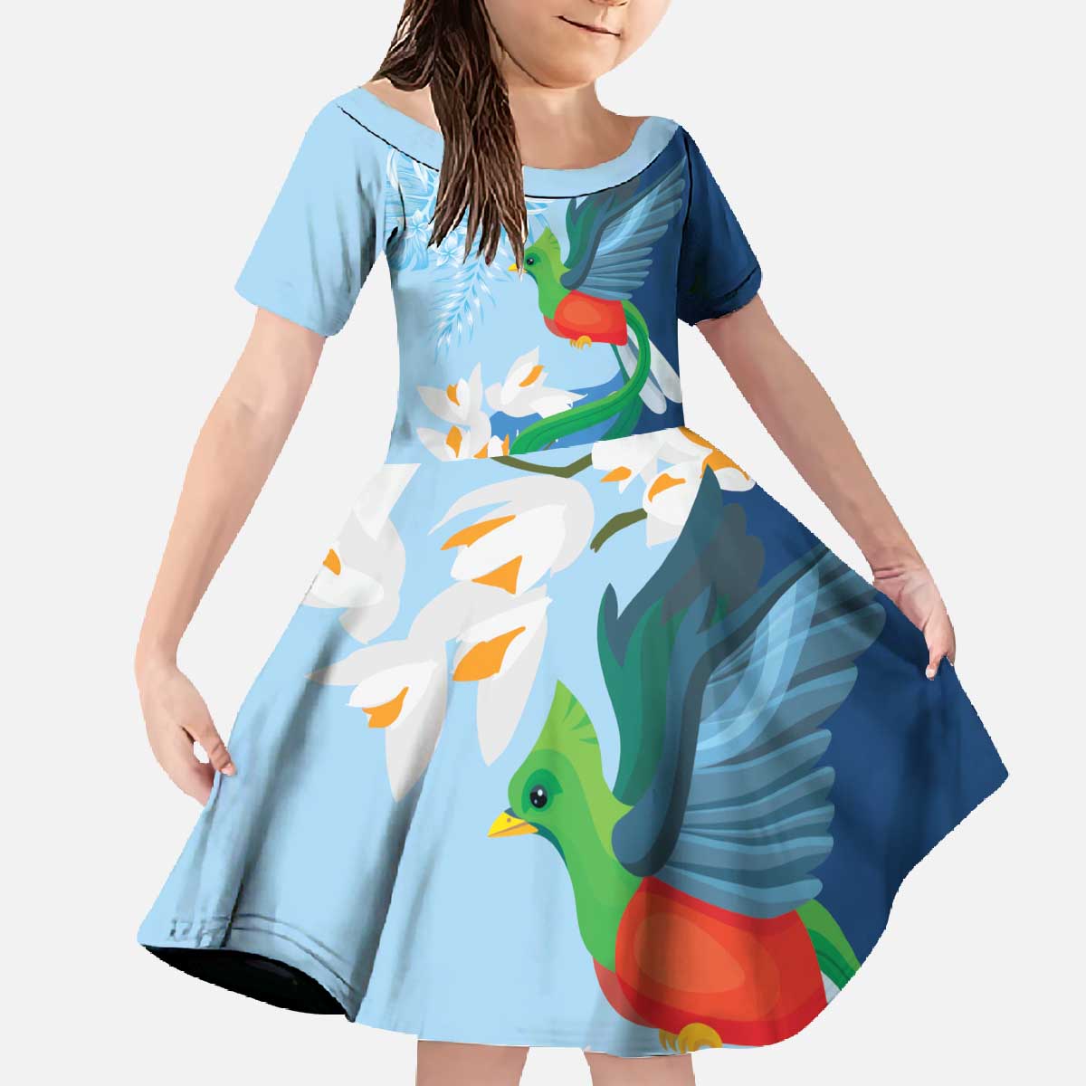 Guatemala Quetzal Bird Family Matching Off The Shoulder Long Sleeve Dress and Hawaiian Shirt Monja Blanca Flowers