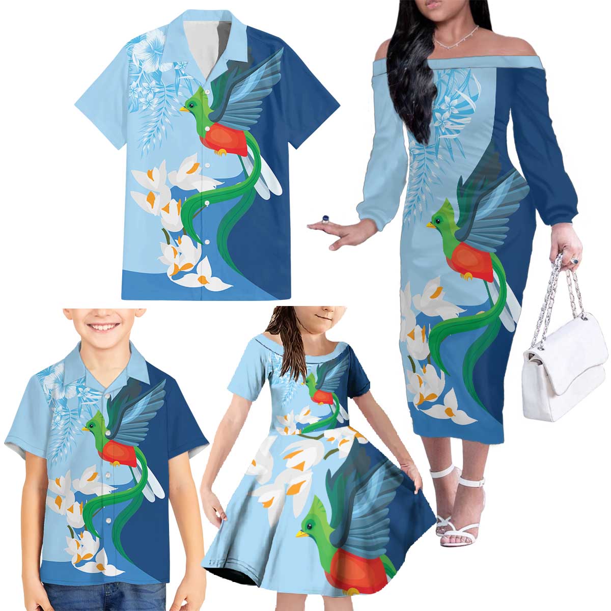 Guatemala Quetzal Bird Family Matching Off The Shoulder Long Sleeve Dress and Hawaiian Shirt Monja Blanca Flowers