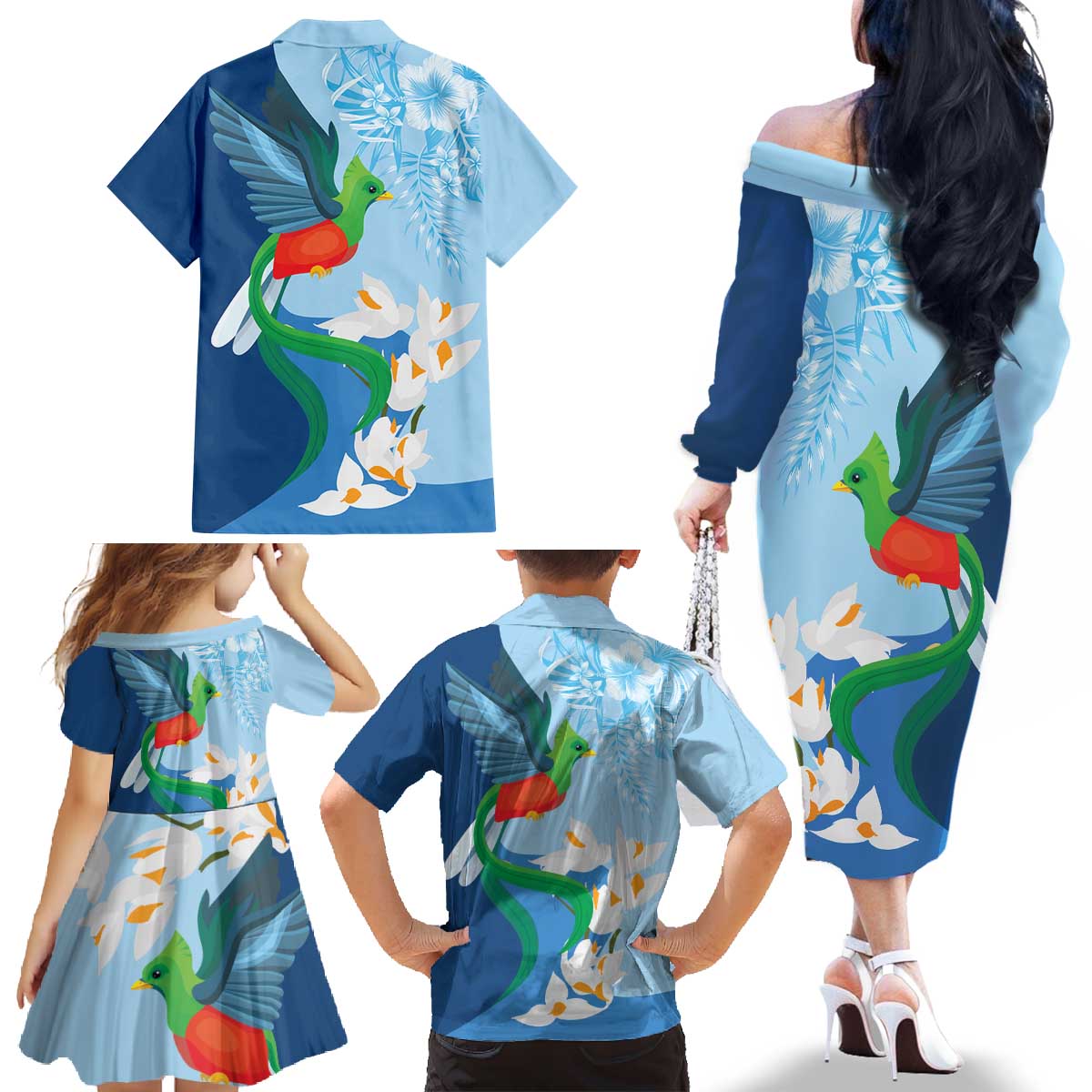 Guatemala Quetzal Bird Family Matching Off The Shoulder Long Sleeve Dress and Hawaiian Shirt Monja Blanca Flowers