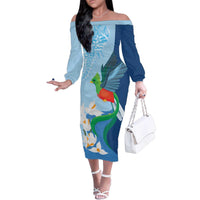 Guatemala Quetzal Bird Family Matching Off The Shoulder Long Sleeve Dress and Hawaiian Shirt Monja Blanca Flowers