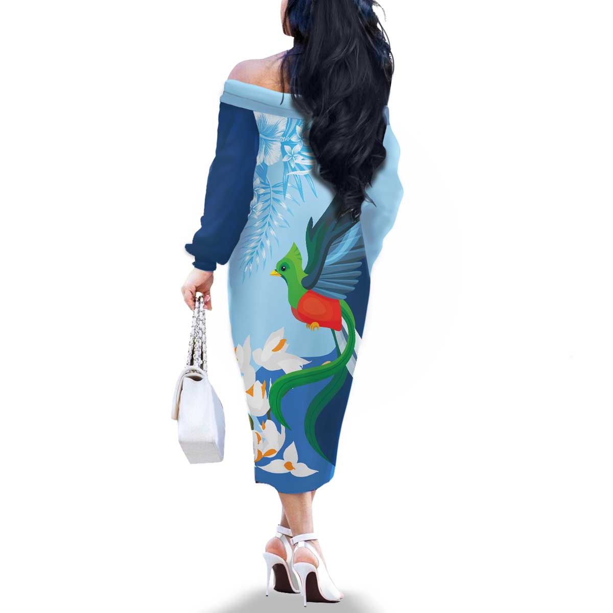 Guatemala Quetzal Bird Family Matching Off The Shoulder Long Sleeve Dress and Hawaiian Shirt Monja Blanca Flowers