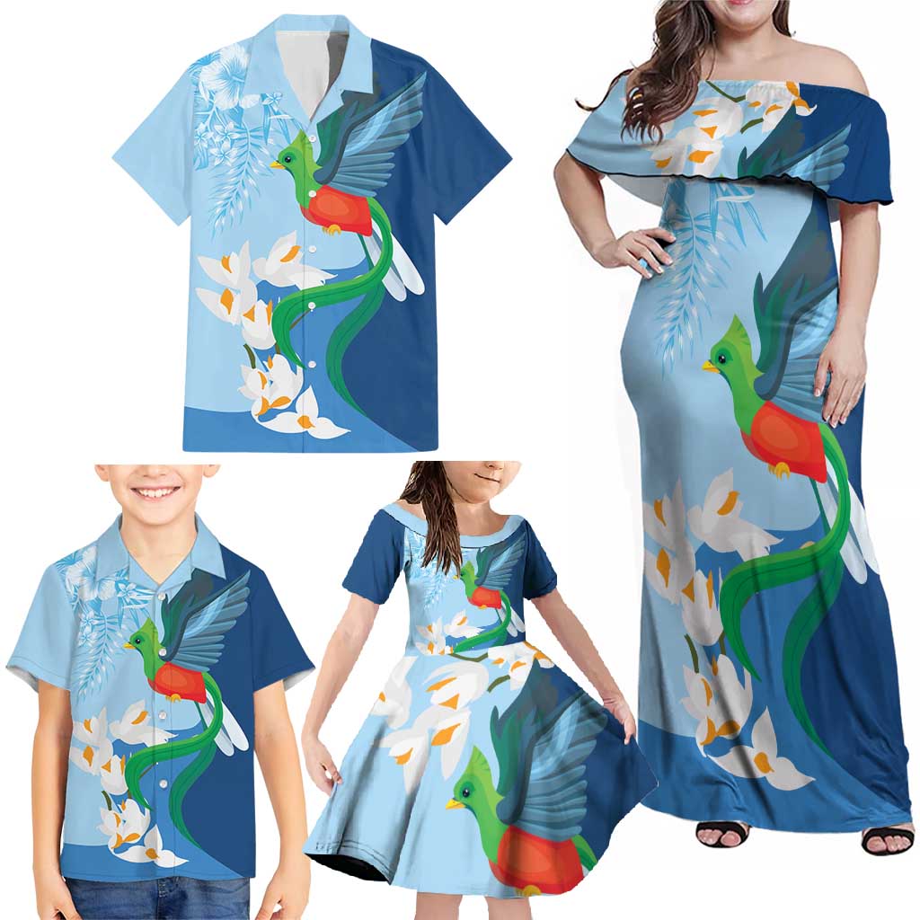 Guatemala Quetzal Bird Family Matching Off Shoulder Maxi Dress and Hawaiian Shirt Monja Blanca Flowers