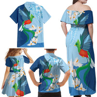 Guatemala Quetzal Bird Family Matching Off Shoulder Maxi Dress and Hawaiian Shirt Monja Blanca Flowers