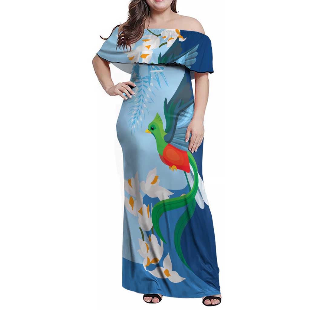 Guatemala Quetzal Bird Family Matching Off Shoulder Maxi Dress and Hawaiian Shirt Monja Blanca Flowers