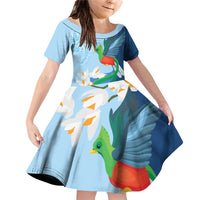 Guatemala Quetzal Bird Family Matching Off Shoulder Short Dress and Hawaiian Shirt Monja Blanca Flowers