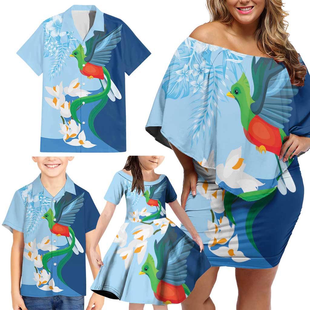 Guatemala Quetzal Bird Family Matching Off Shoulder Short Dress and Hawaiian Shirt Monja Blanca Flowers