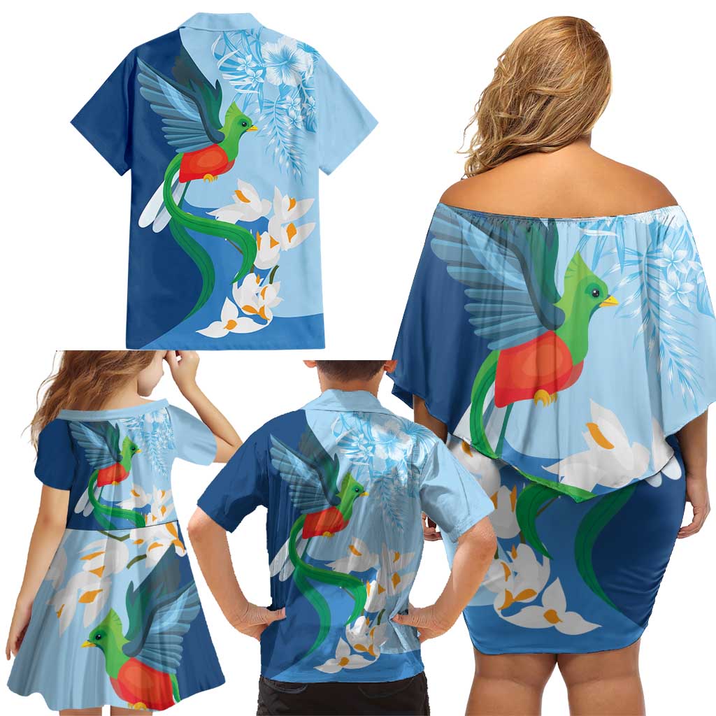 Guatemala Quetzal Bird Family Matching Off Shoulder Short Dress and Hawaiian Shirt Monja Blanca Flowers