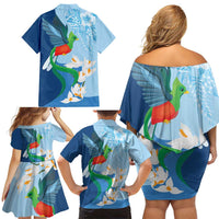 Guatemala Quetzal Bird Family Matching Off Shoulder Short Dress and Hawaiian Shirt Monja Blanca Flowers