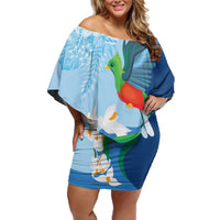 Guatemala Quetzal Bird Family Matching Off Shoulder Short Dress and Hawaiian Shirt Monja Blanca Flowers