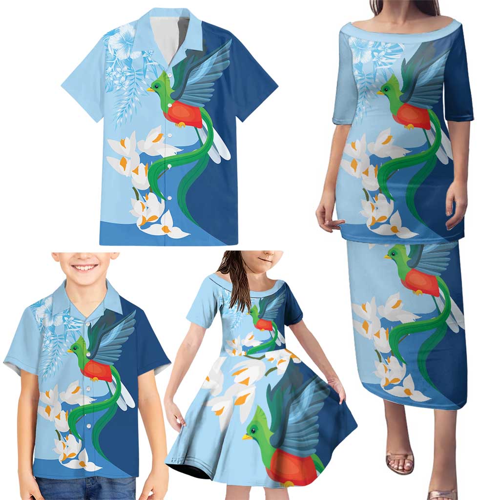 Guatemala Quetzal Bird Family Matching Puletasi and Hawaiian Shirt Monja Blanca Flowers