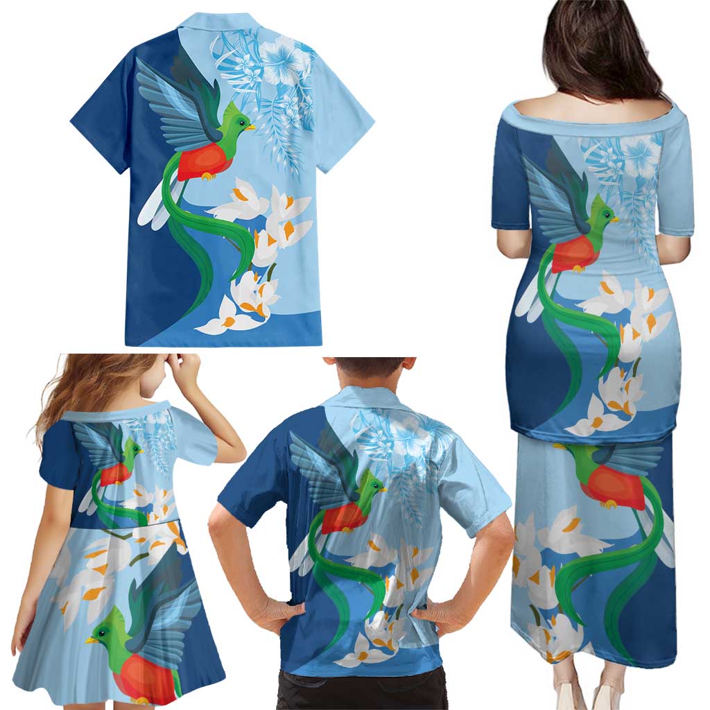 Guatemala Quetzal Bird Family Matching Puletasi and Hawaiian Shirt Monja Blanca Flowers