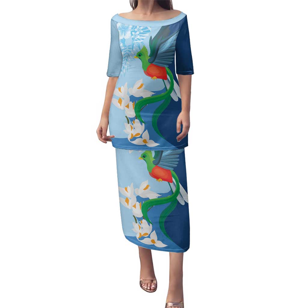 Guatemala Quetzal Bird Family Matching Puletasi and Hawaiian Shirt Monja Blanca Flowers