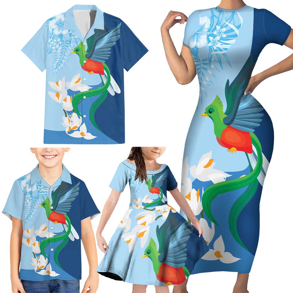 Guatemala Quetzal Bird Family Matching Short Sleeve Bodycon Dress and Hawaiian Shirt Monja Blanca Flowers