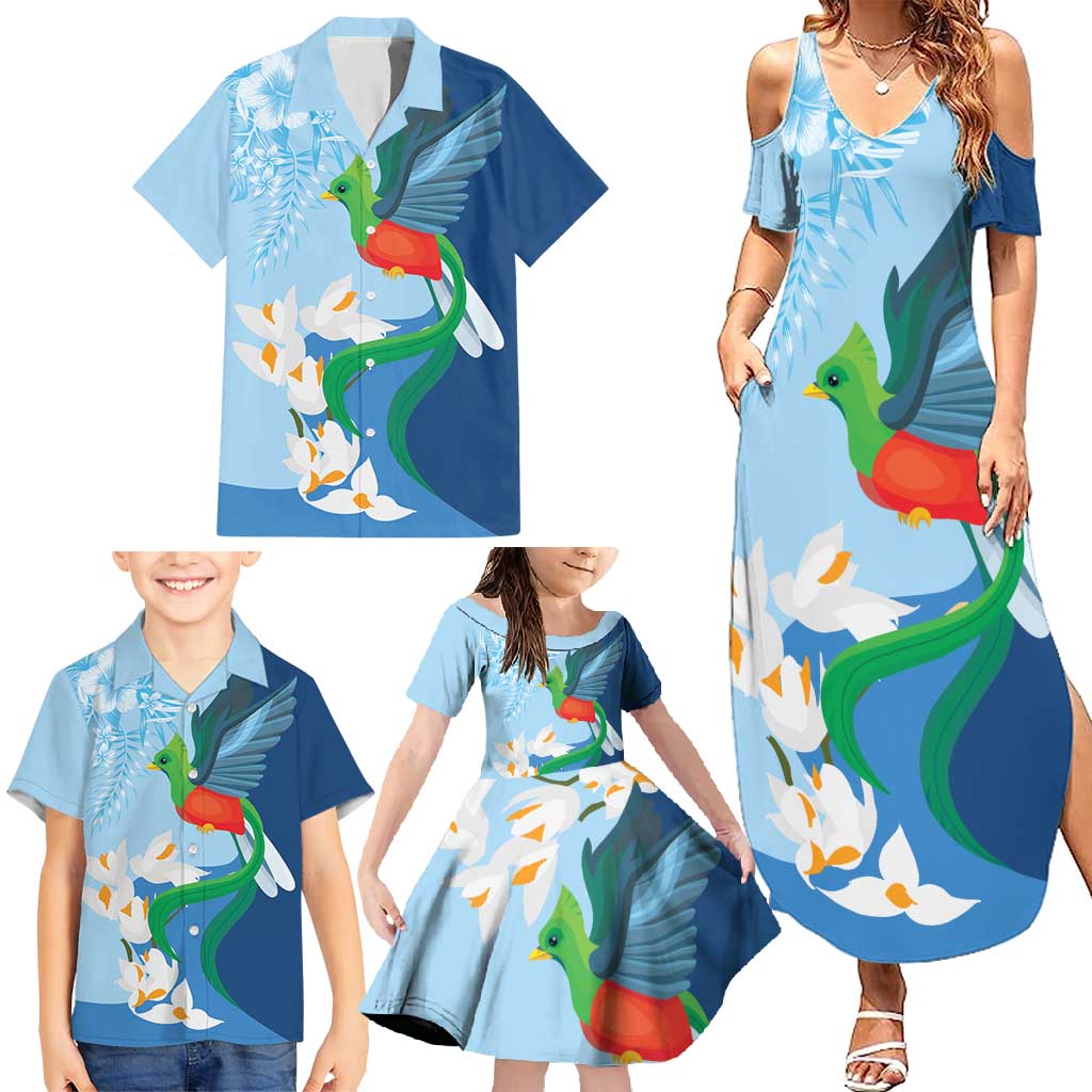 Guatemala Quetzal Bird Family Matching Summer Maxi Dress and Hawaiian Shirt Monja Blanca Flowers