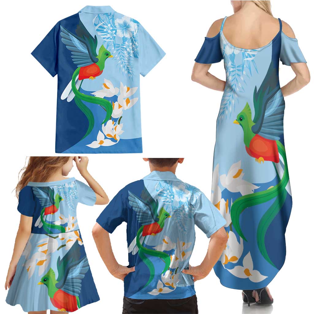 Guatemala Quetzal Bird Family Matching Summer Maxi Dress and Hawaiian Shirt Monja Blanca Flowers