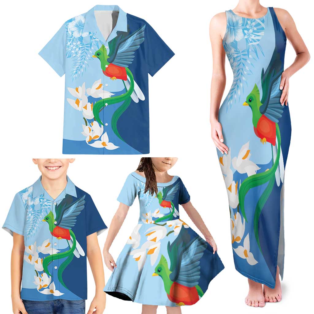 Guatemala Quetzal Bird Family Matching Tank Maxi Dress and Hawaiian Shirt Monja Blanca Flowers