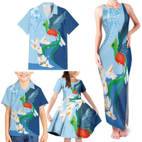 Guatemala Quetzal Bird Family Matching Tank Maxi Dress and Hawaiian Shirt Monja Blanca Flowers