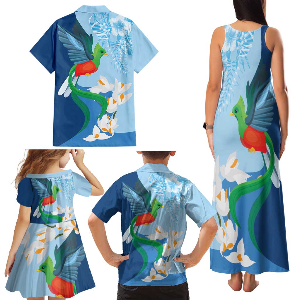 Guatemala Quetzal Bird Family Matching Tank Maxi Dress and Hawaiian Shirt Monja Blanca Flowers