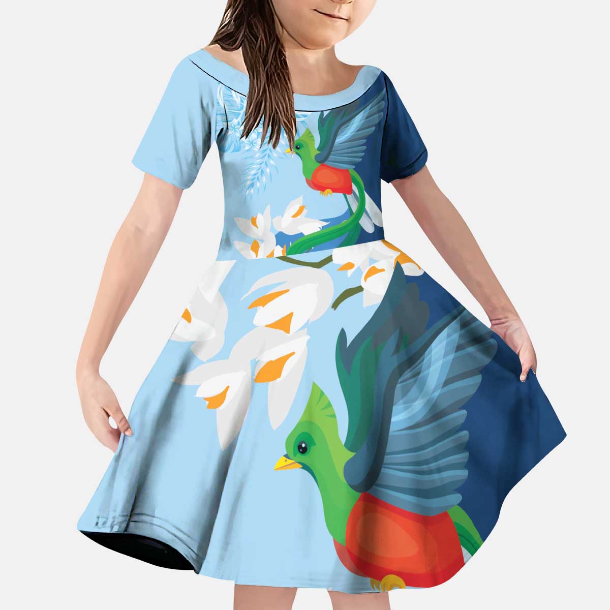 Guatemala Quetzal Bird Kid Short Sleeve Dress Monja Blanca Flowers
