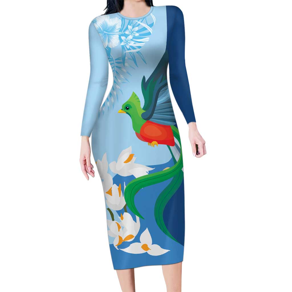 Guatemala Quetzal Bird Long Sleeve Bodycon Dress Monja Blanca Flowers