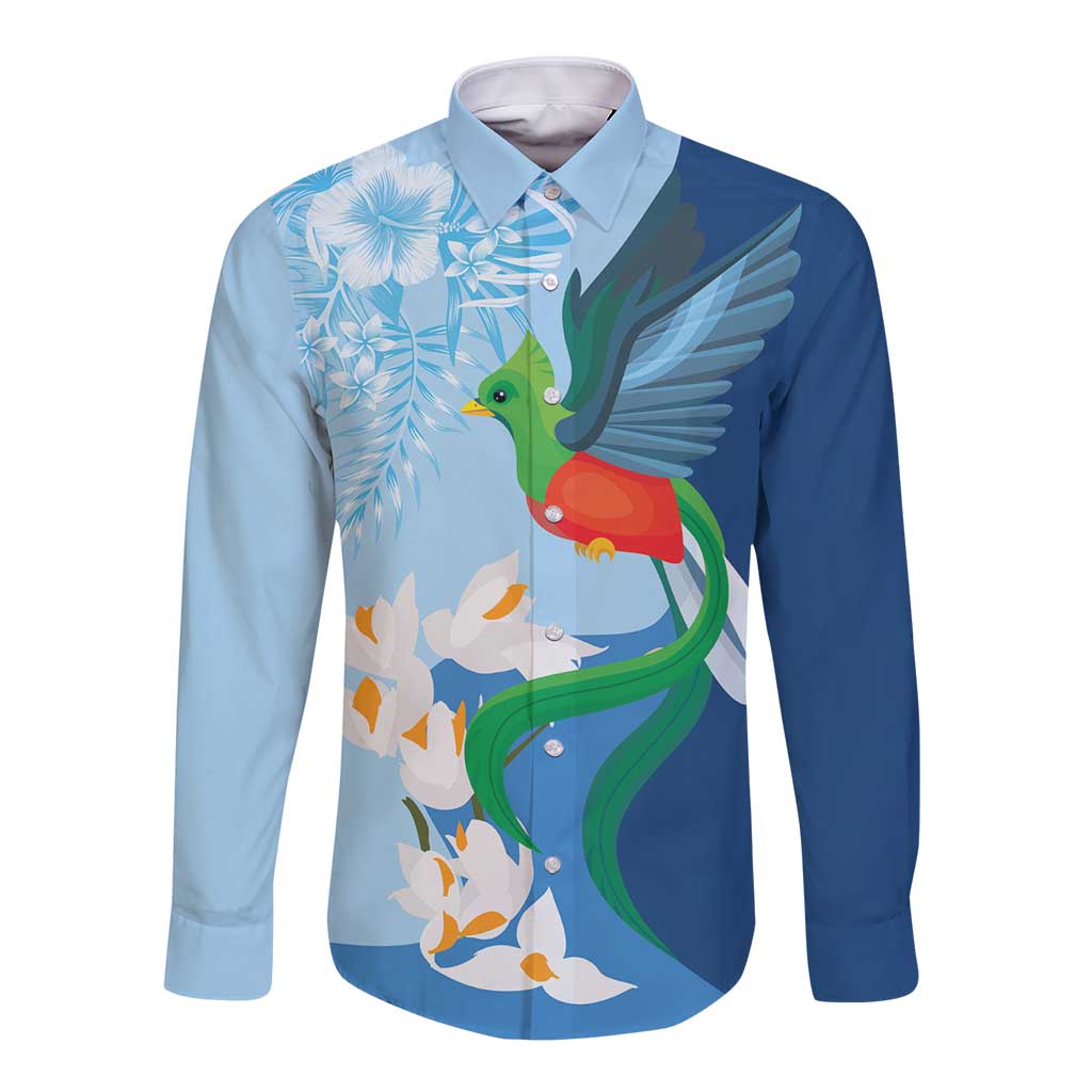 Guatemala Quetzal Bird Long Sleeve Button Shirt Monja Blanca Flowers