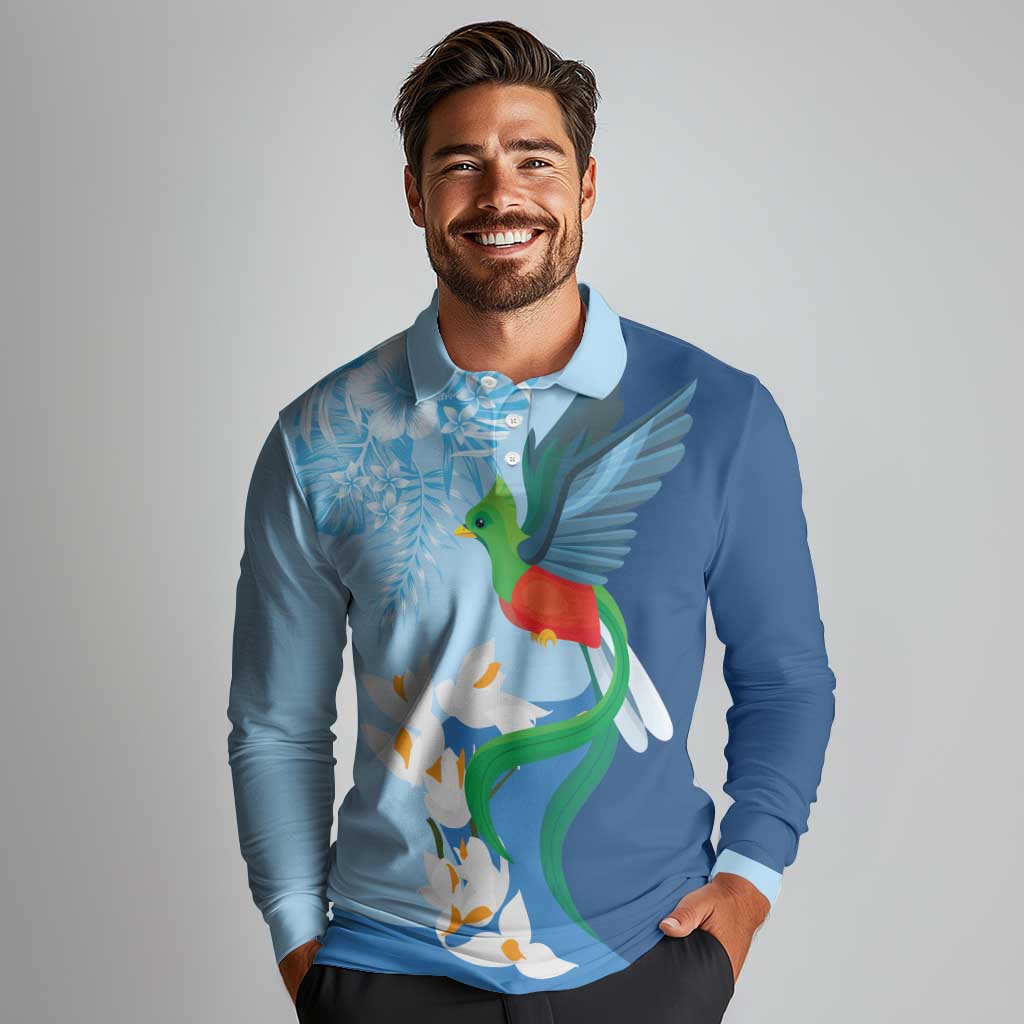 Guatemala Quetzal Bird Long Sleeve Polo Shirt Monja Blanca Flowers