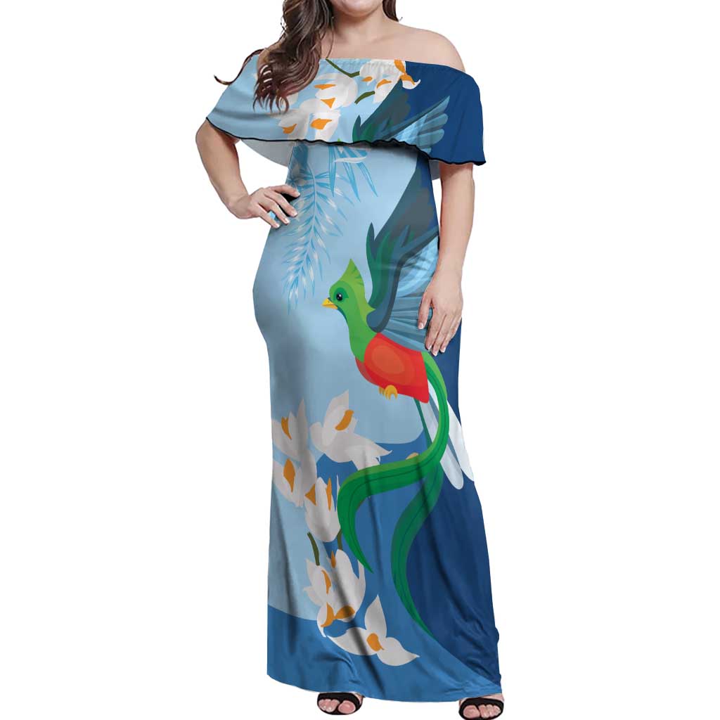 Guatemala Quetzal Bird Off Shoulder Maxi Dress Monja Blanca Flowers