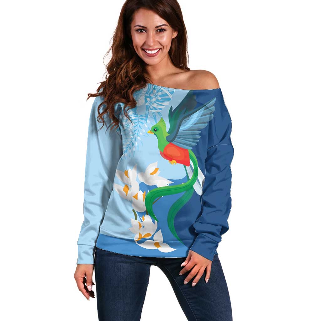 Guatemala Quetzal Bird Off Shoulder Sweater Monja Blanca Flowers