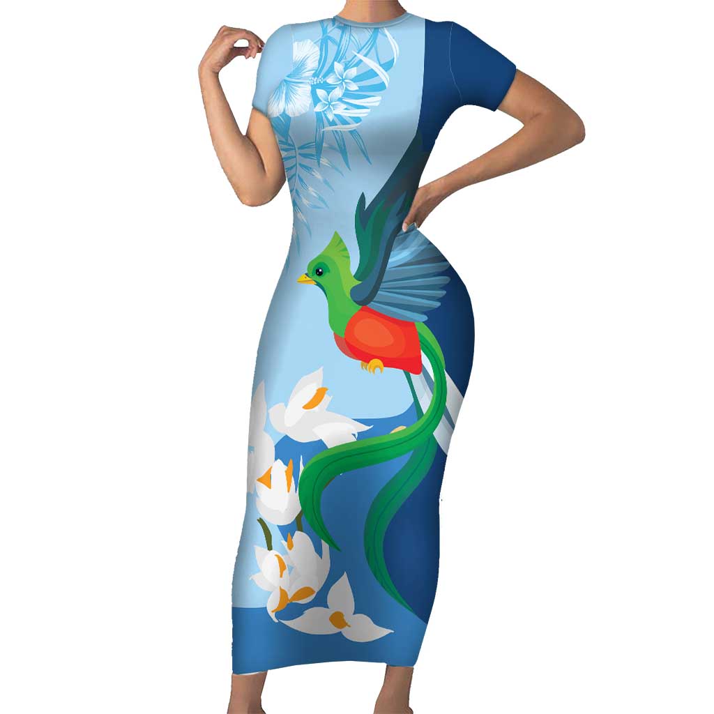 Guatemala Quetzal Bird Short Sleeve Bodycon Dress Monja Blanca Flowers