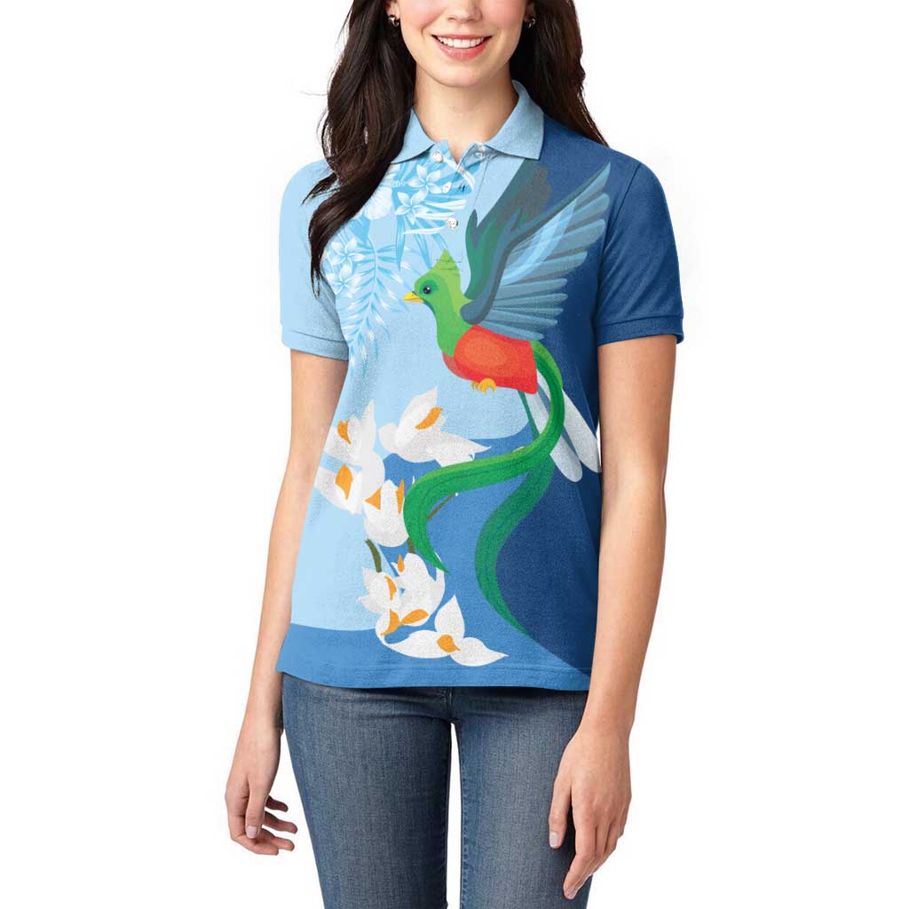 Guatemala Quetzal Bird Women Polo Shirt Monja Blanca Flowers
