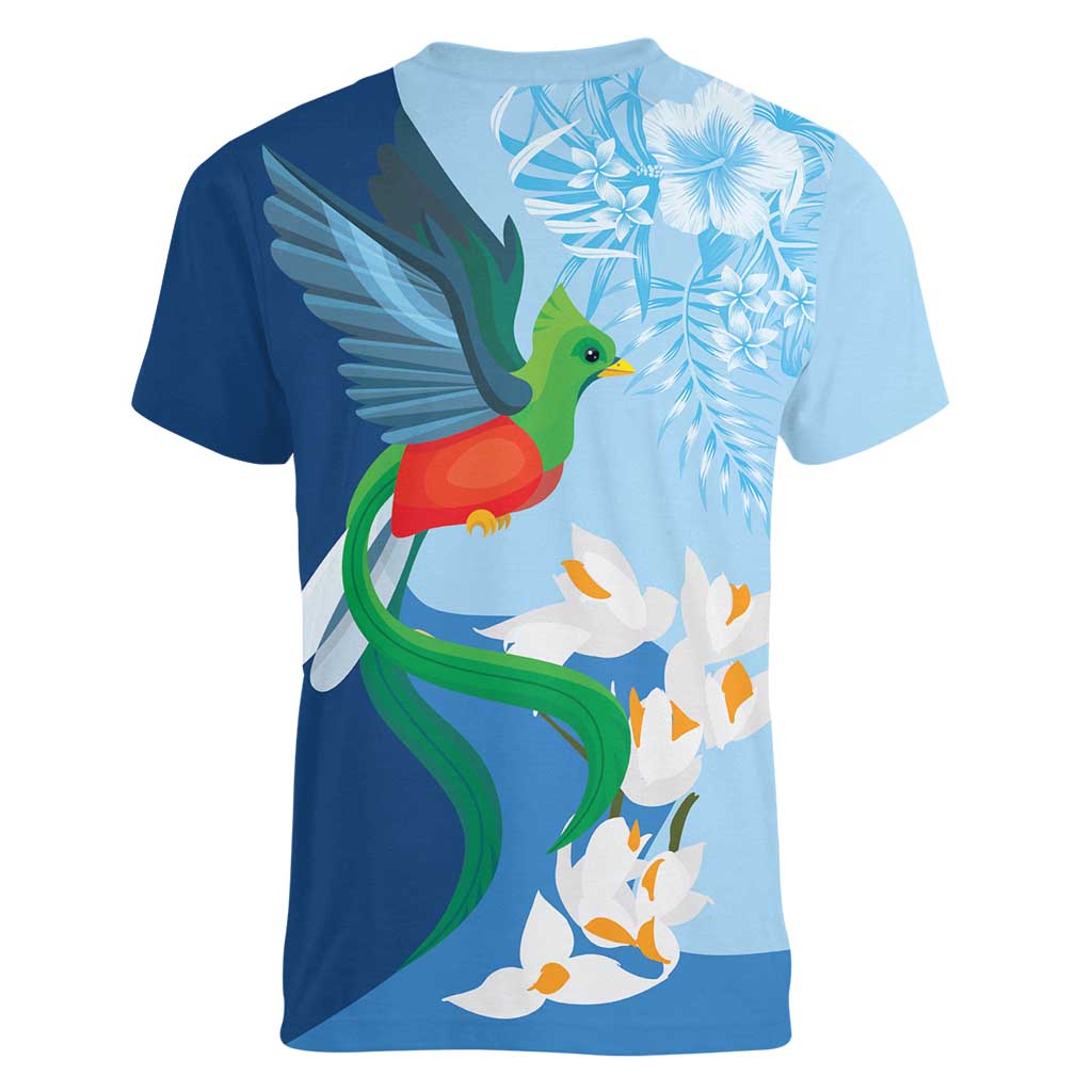 Guatemala Quetzal Bird Women V-Neck T-Shirt Monja Blanca Flowers