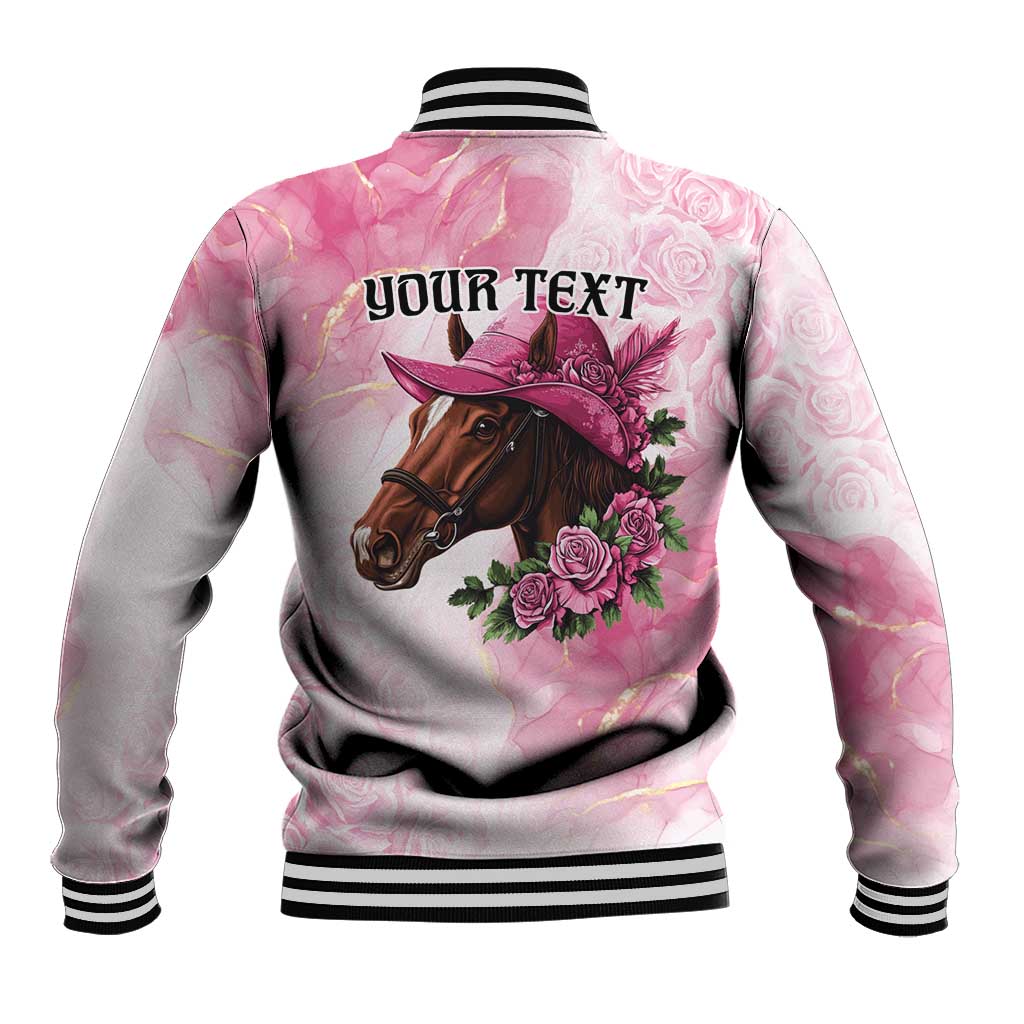 Personalized Kentucky Horse Race Baseball Jacket Big Hats And Horses Pink Out Party