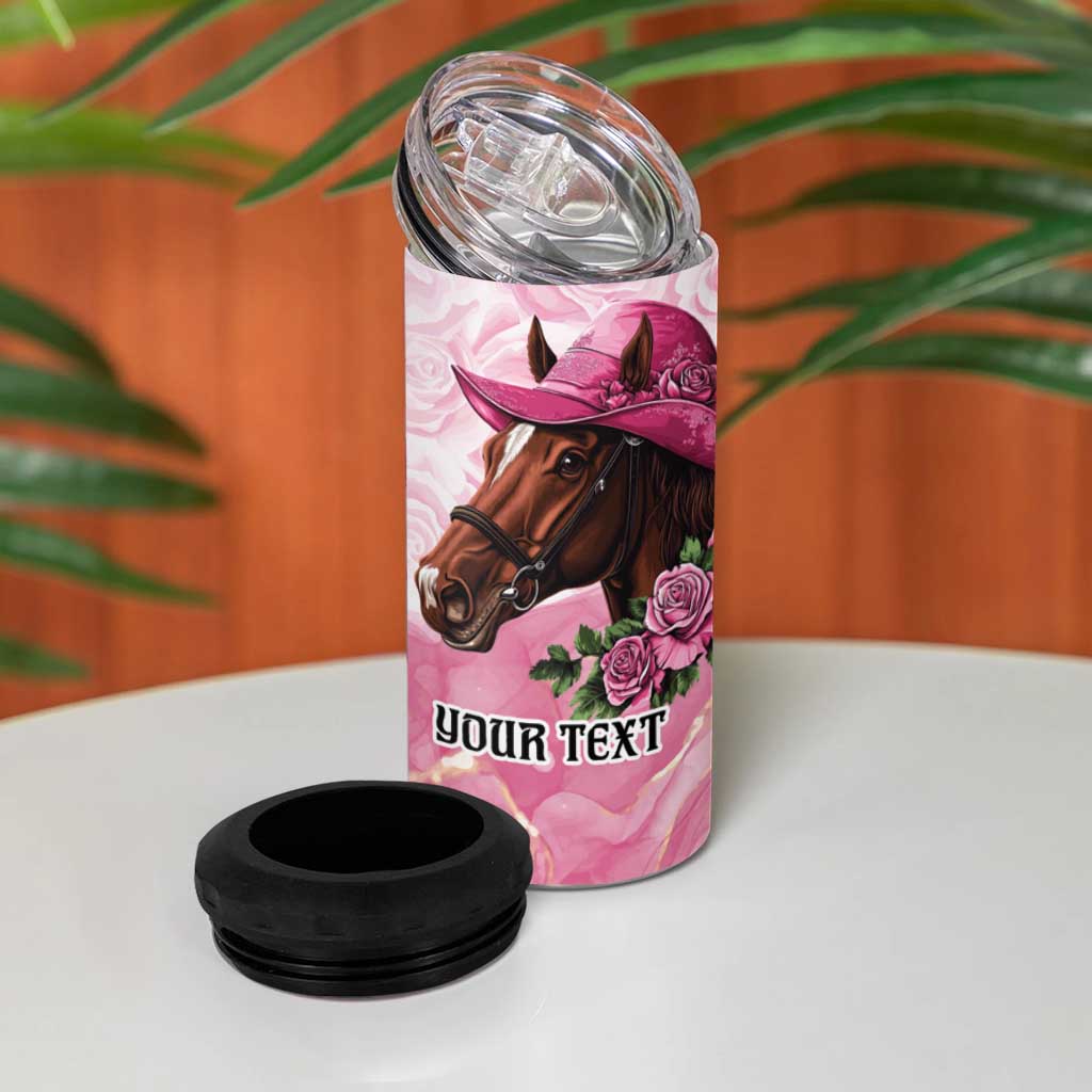 Personalized Kentucky Horse Race 4 in 1 Can Cooler Tumbler Big Hats And Horses Pink Out Party