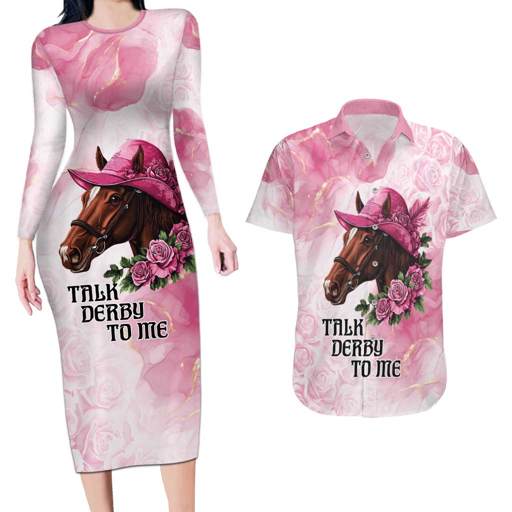 Personalized Kentucky Horse Race Couples Matching Long Sleeve Bodycon Dress and Hawaiian Shirt Big Hats And Horses Pink Out Party