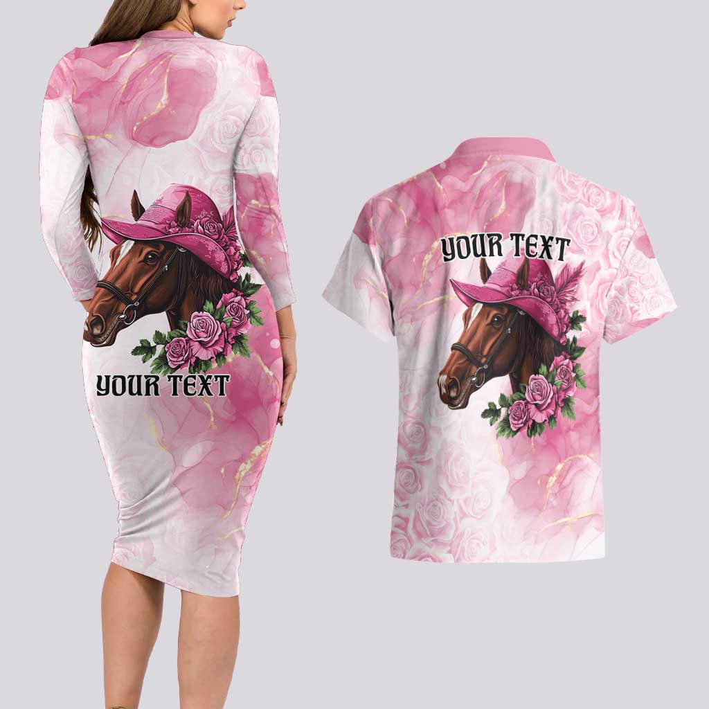 Personalized Kentucky Horse Race Couples Matching Long Sleeve Bodycon Dress and Hawaiian Shirt Big Hats And Horses Pink Out Party
