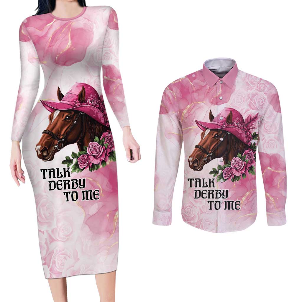 Personalized Kentucky Horse Race Couples Matching Long Sleeve Bodycon Dress and Long Sleeve Button Shirt Big Hats And Horses Pink Out Party